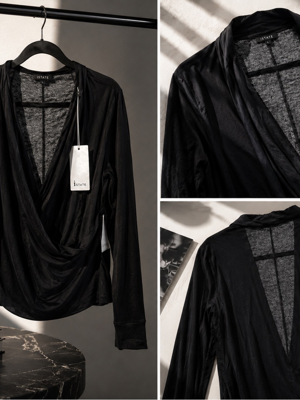 1.STATE Black Draped V-Neck Long Sleeve Knit Blouse